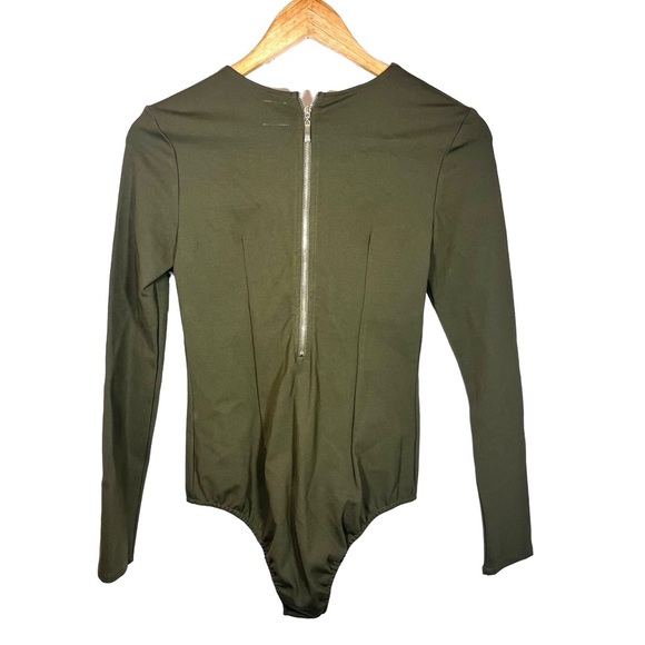 NUDE Olive Green Plunging Neckline Lace Up Front Zipper Back Bodysuit Size Small - Picture 3 of 8